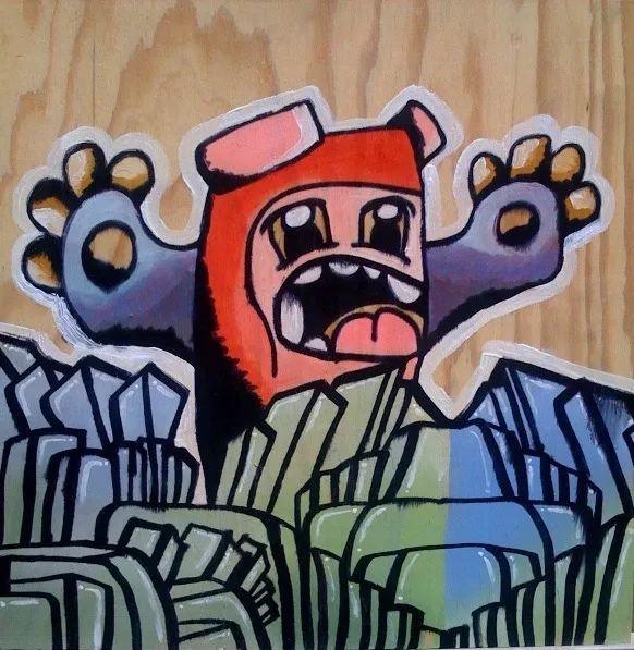 A red bear with a round open mouth throws its grey arms up behind a thicket of grey green crystal shapes, painted on bare plywood.
