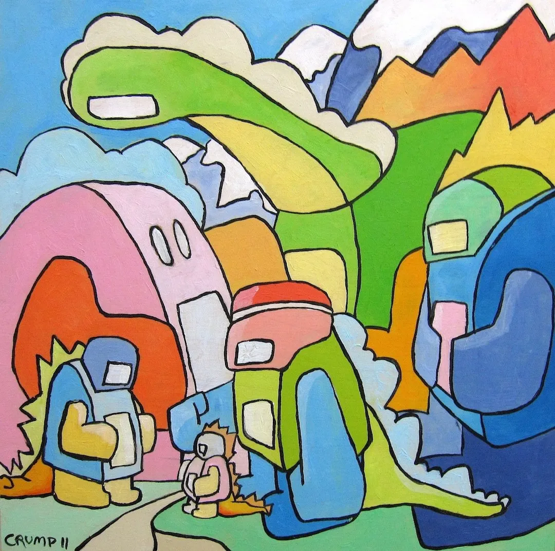 A square oil painting of hooded blob figures walking on a path between huge pastel vehicle like forms and green mountains under a blue sky, signed CRUMP 11.
