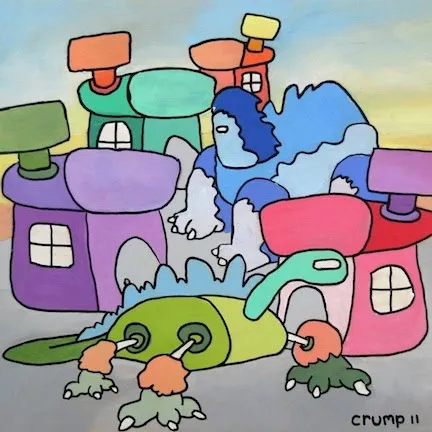 A square oil painting of pastel houses with chimneys, a blue spiky creature, and a green vehicle with eye like wheels, signed crump 11.