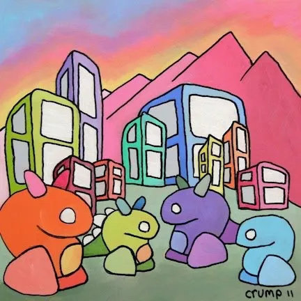 A square oil painting of four horned pastel creatures in front of blocky towers and pink mountains under a rainbow sky, signed crump 11.