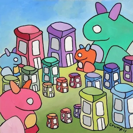 A square oil painting of a village of pastel capped towers with small horned creatures, and a large teal creature with a horn at upper right, signed crump 11.
