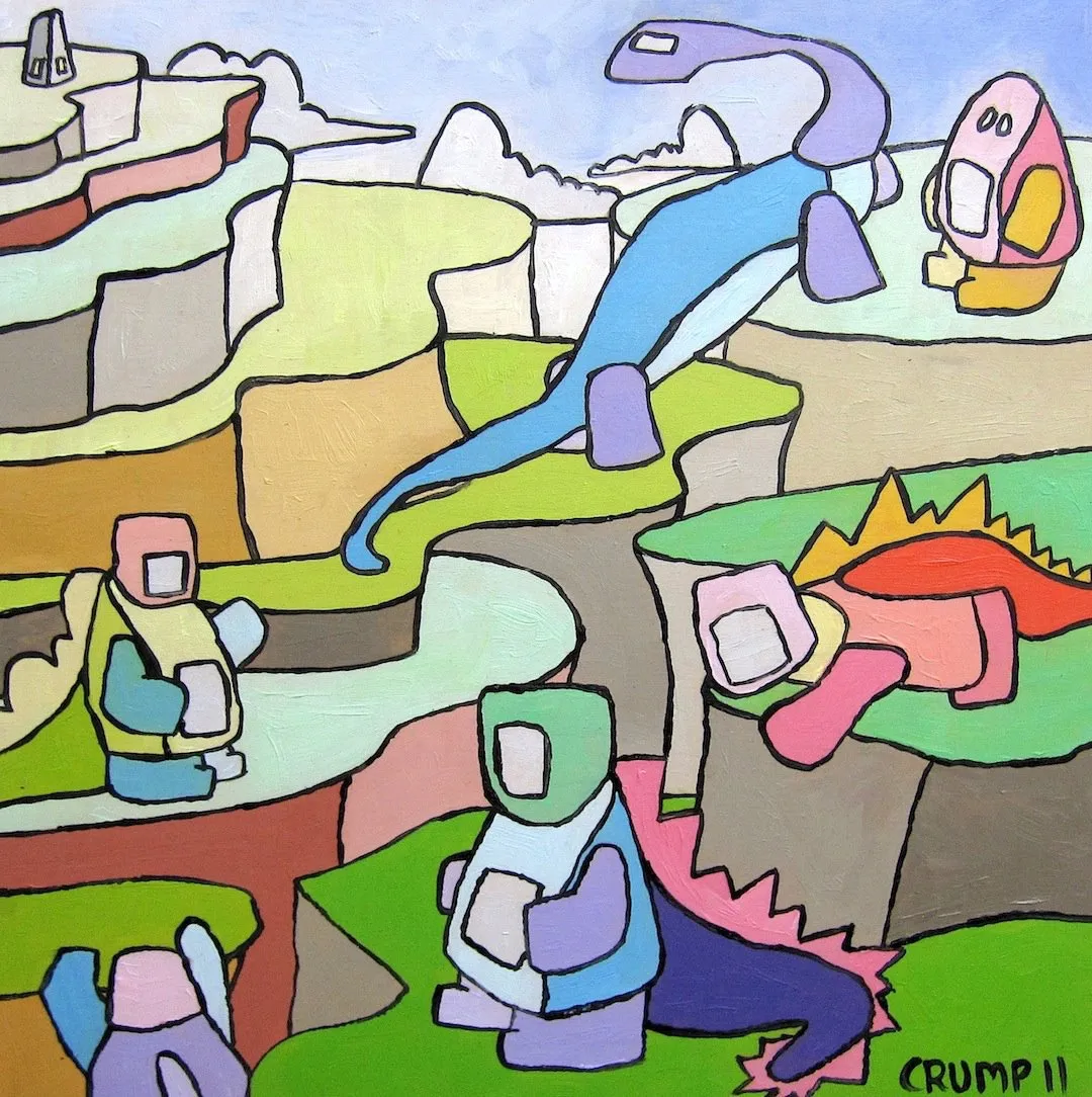 A square oil painting of a terraced pastel valley with a blue long necked dinosaur walking across it, hooded figures in the foreground, a pink dragon lying down, and a lone tower on a cliff, signed CRUMP 11.