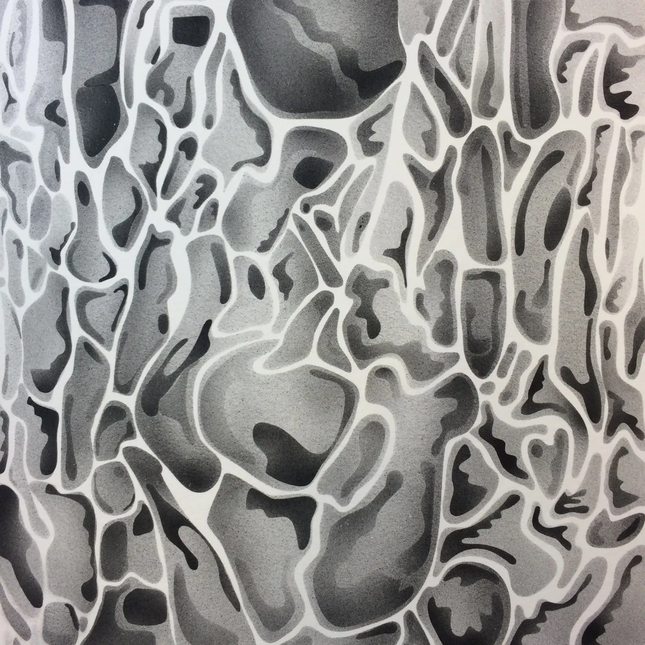 A grayscale airbrush painting of interlocking bark like shapes with soft shaded edges, filling a square sheet.