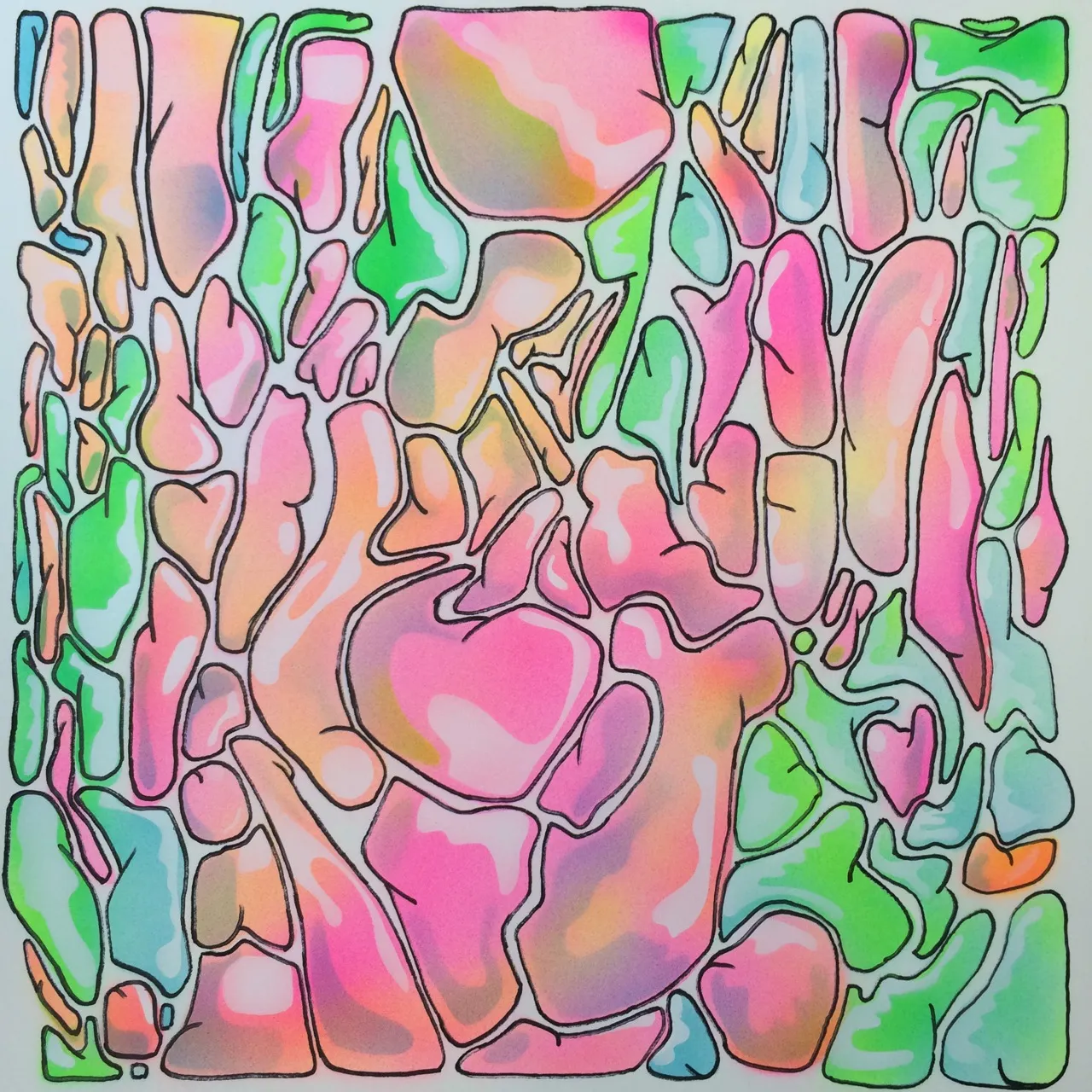 An airbrush painting of interlocking bark like shapes in pink, peach and lime gradients, separated by white gaps.