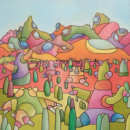 A square pastel painting of pink and orange desert hills dotted with rounded cactus figures, under a pale blue sky.