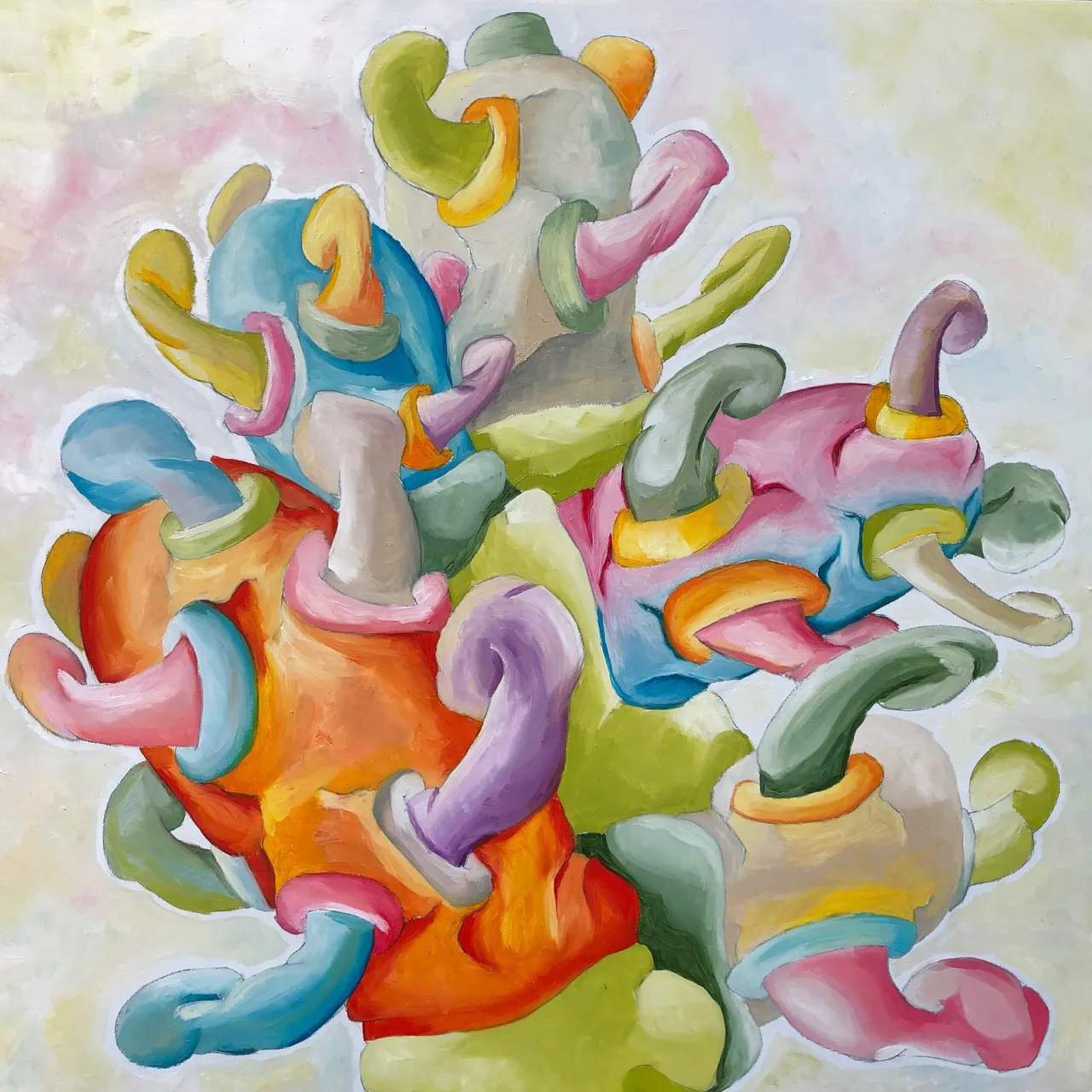 A square oil painting of a cluster of plump multicoloured cactus pads sprouting curled arms from one another, in orange, blue, pink and green on a pale ground.