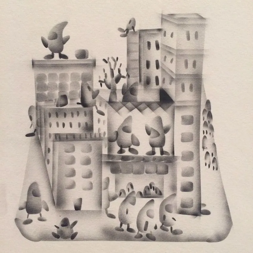 A grayscale airbrush scene of small pod figures standing on rooftops and in the street among soft grey apartment buildings, with a bare tree.