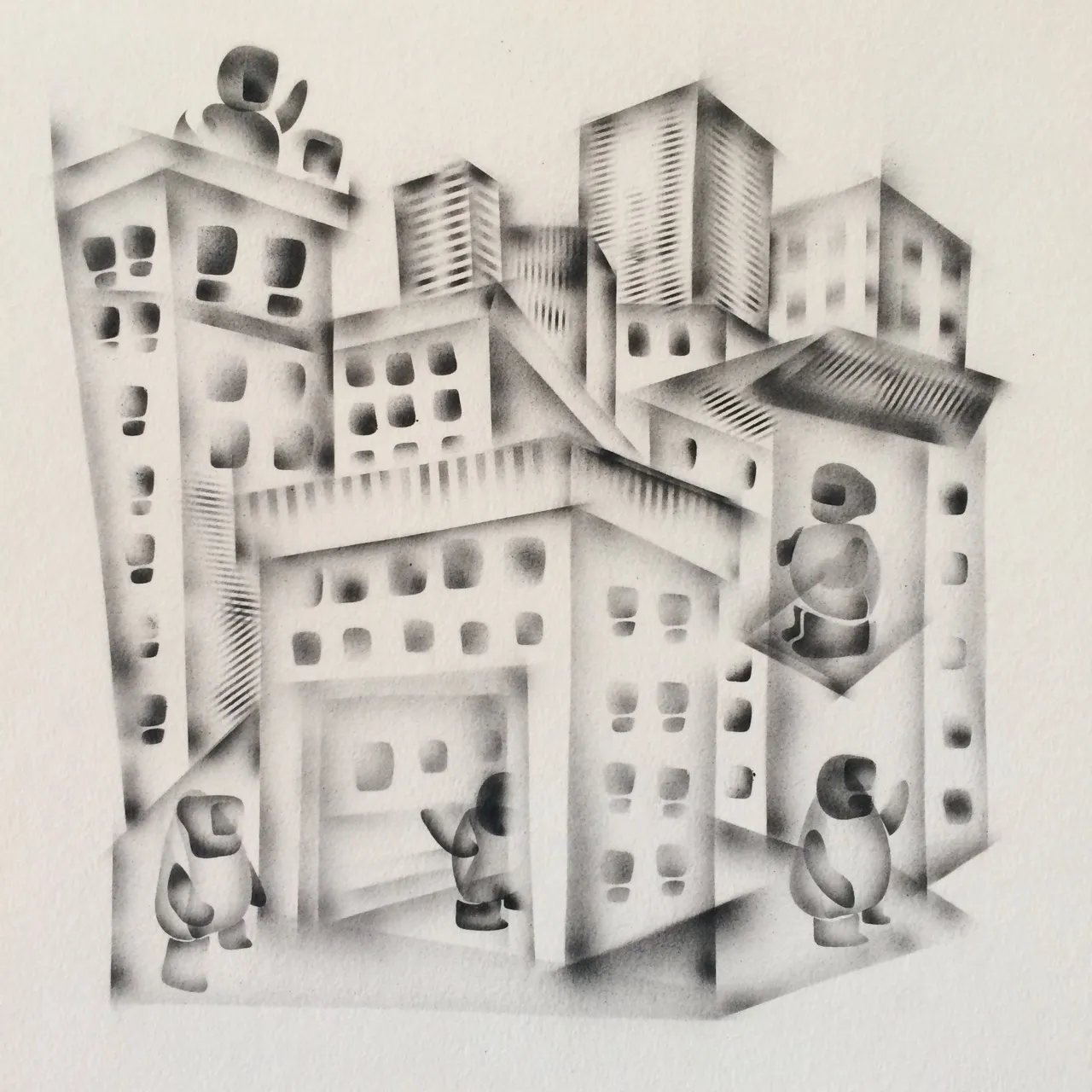 A grayscale airbrush drawing of angular apartment buildings with soft rounded windows, where small pod figures stand at street level and on a rooftop.