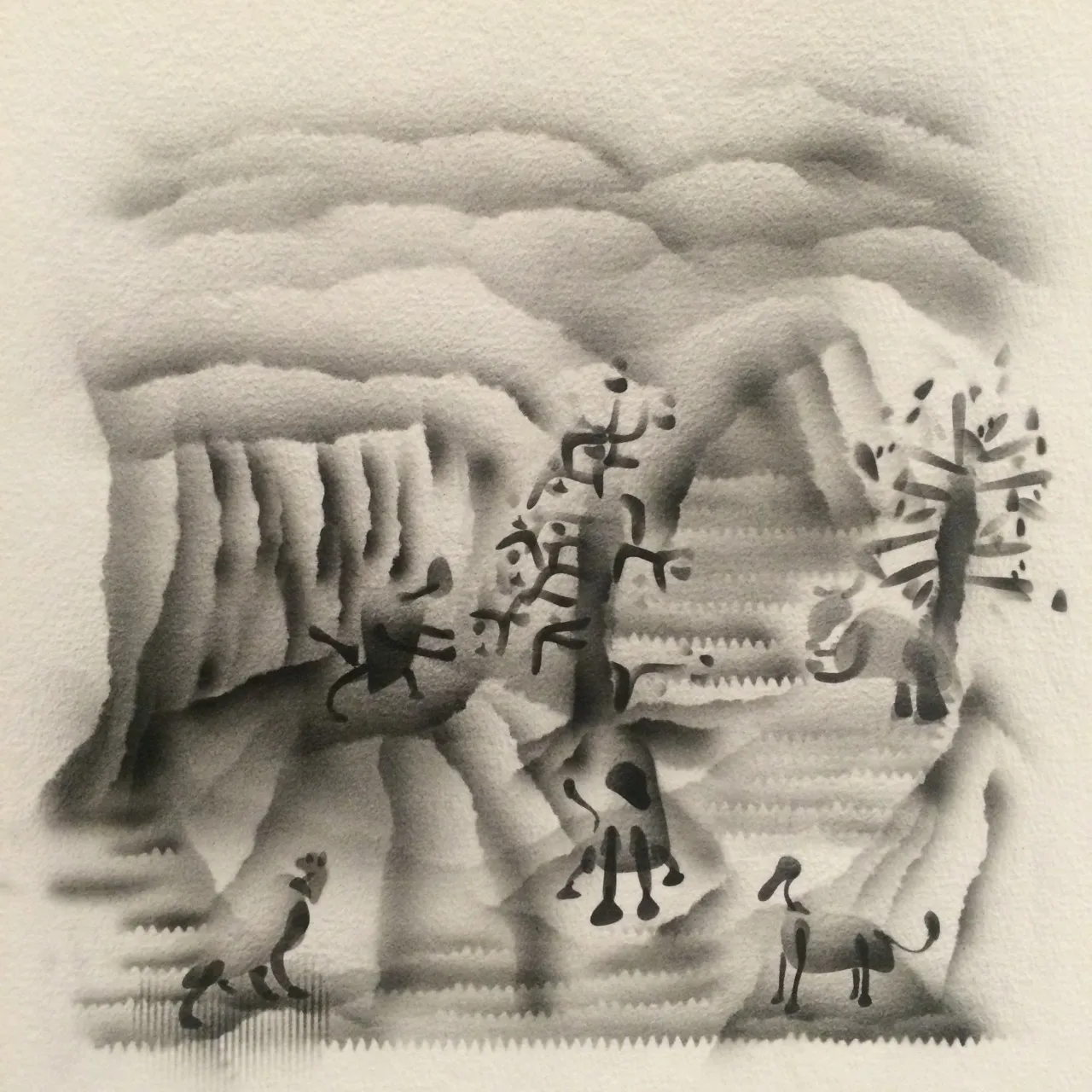 A grayscale airbrush landscape of soft cliffs and clouds where a few blob animals and figures stand near spiky trees, on cream paper.