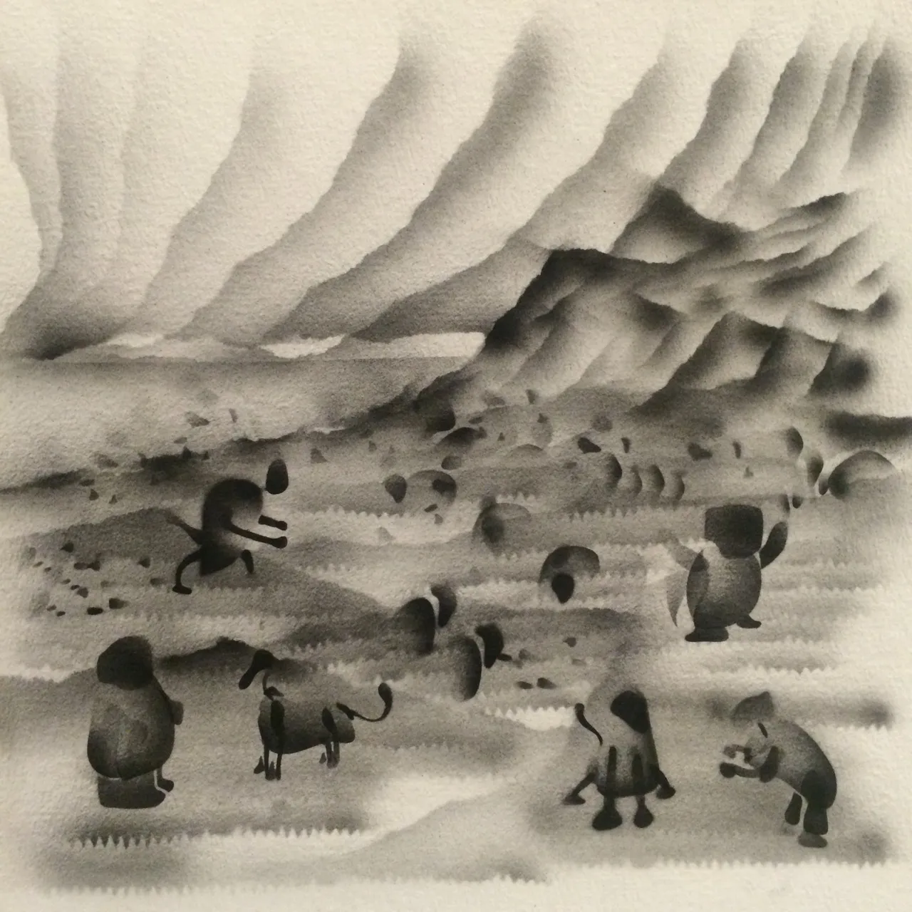 A grayscale airbrush landscape of ribbed mountains under a striped sky, with blob figures and animals scattered across a plain of small rocks.