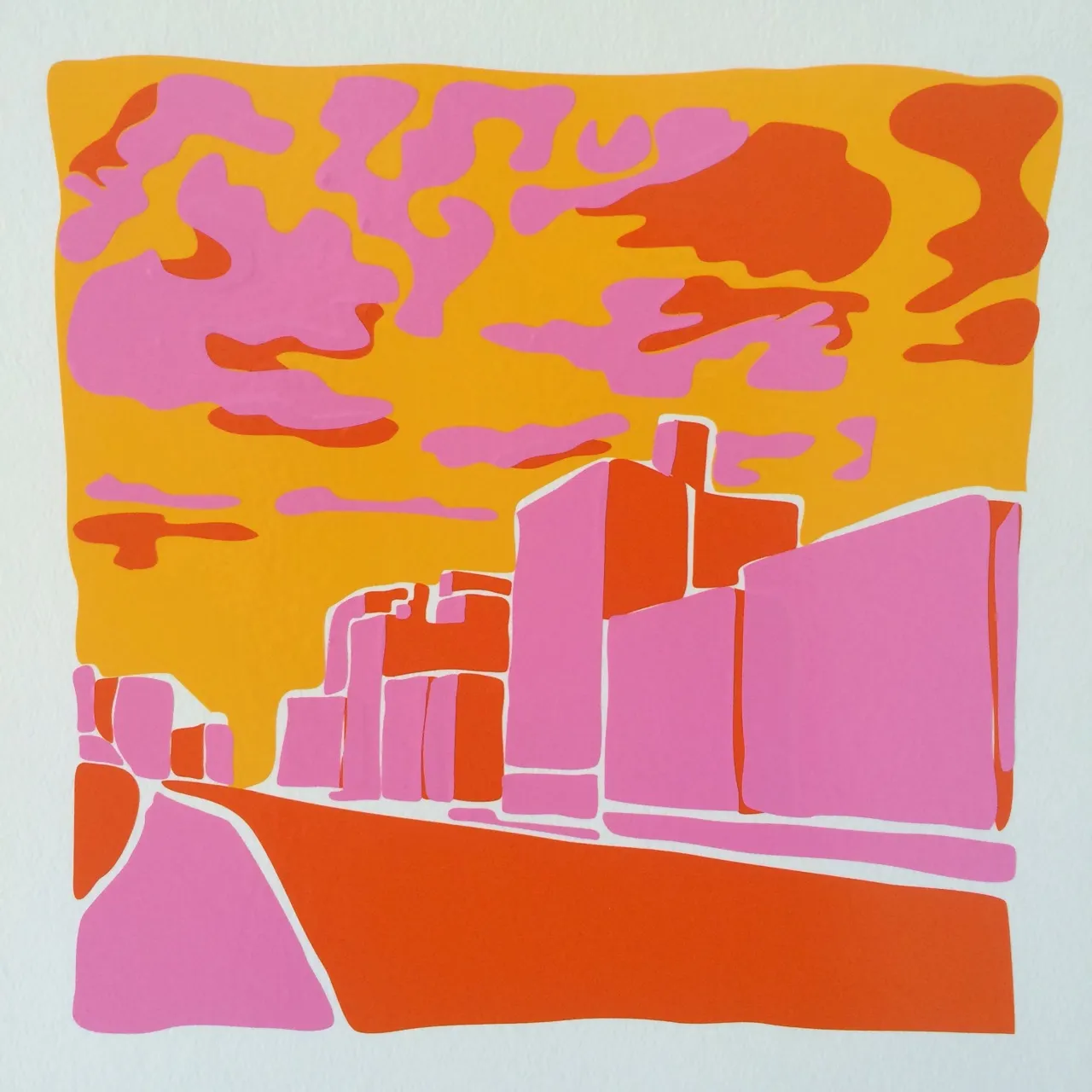 A flat three colour vinyl cut of blocky buildings along a road under cloudy sky, in orange, pink and red orange on white.