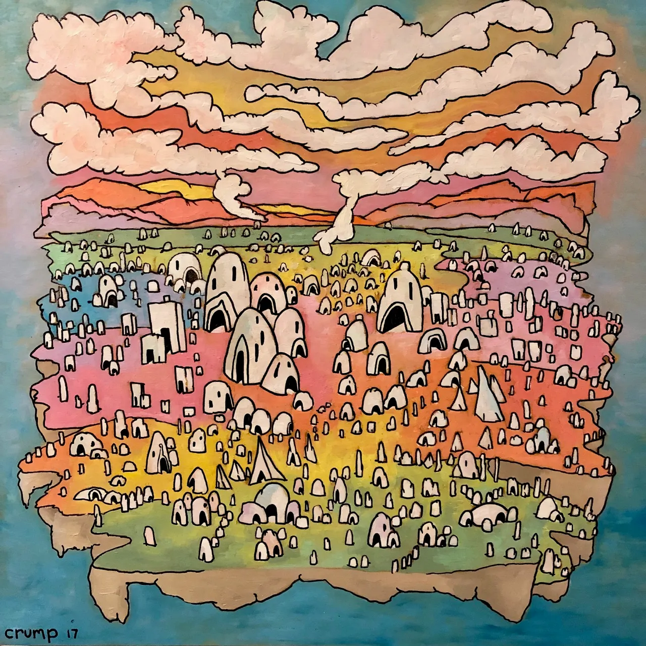 A square oil painting of a floating island covered in hundreds of small white domed huts on rainbow ground, under a sky of pink and orange outlined clouds, signed crump 17.