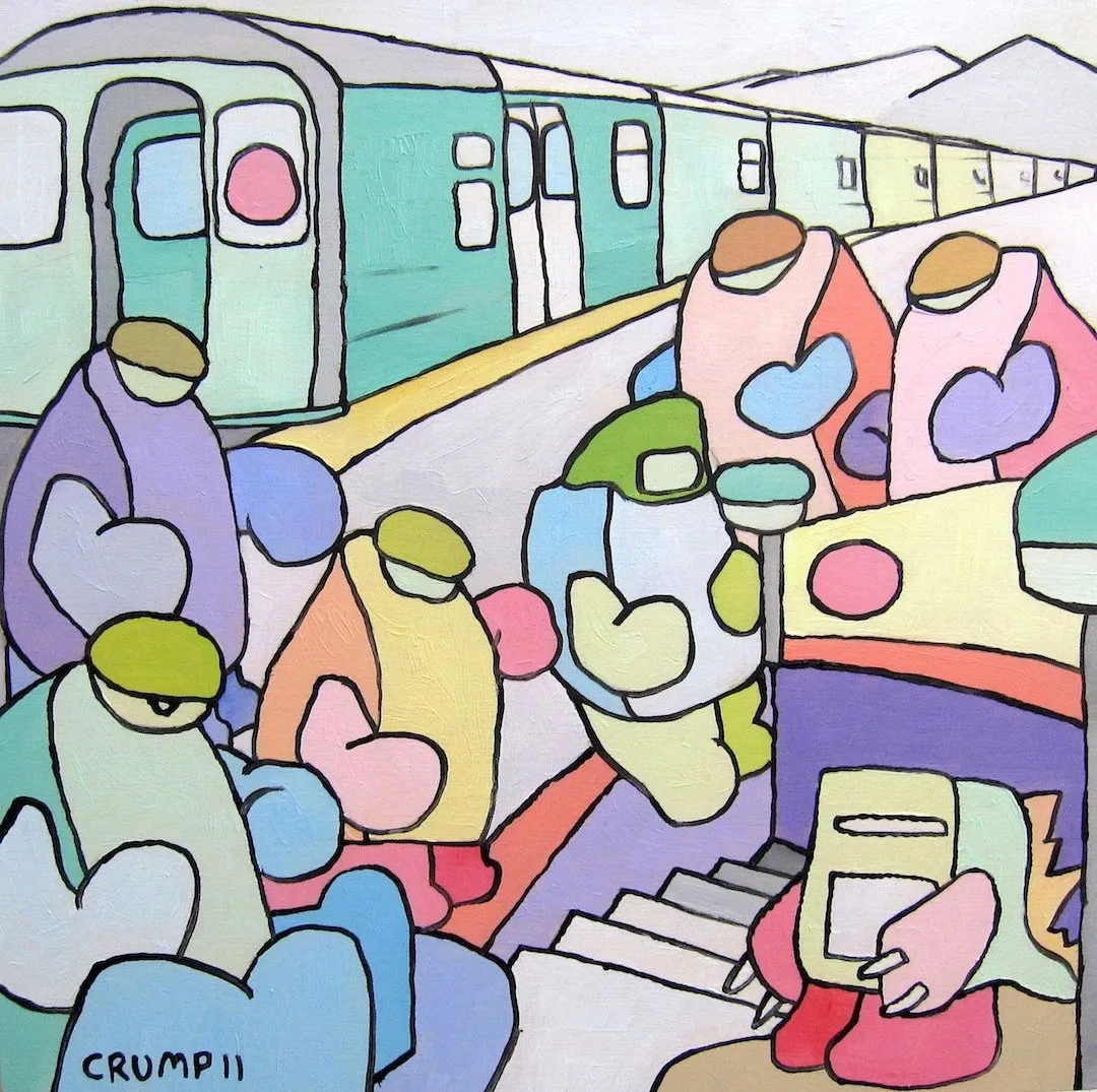 A square oil painting of rounded pastel figures with hooded heads descending stairs beside a mint green subway train, signed CRUMP 11.