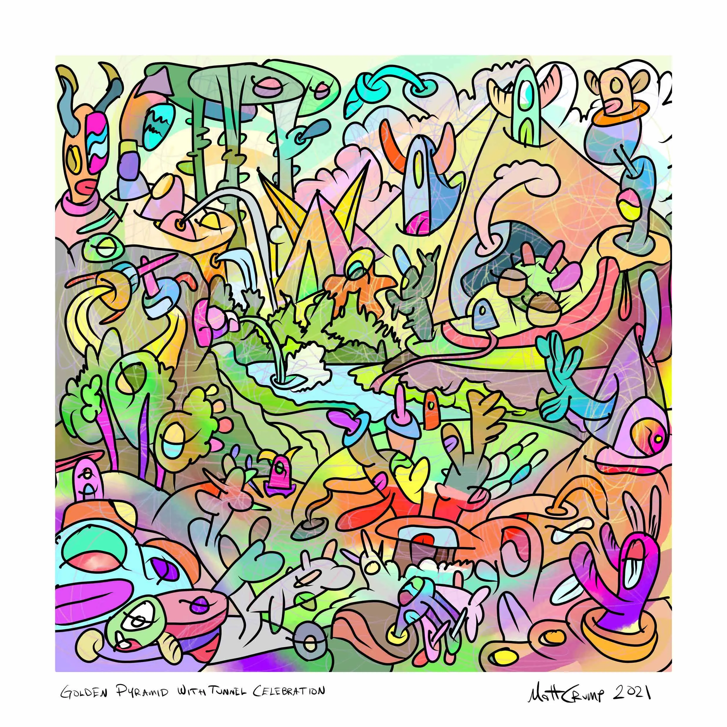 A crowded cartoon valley of horned creatures, a golden pyramid, a tunnel and a stream, in candy colours with heavy black outlines, signed 2021.