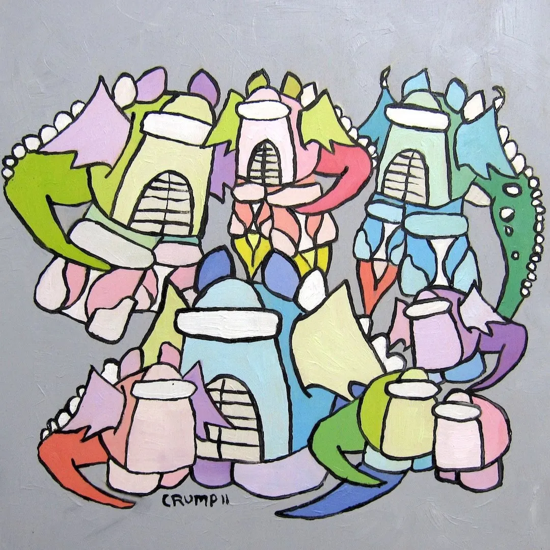 A square oil painting of a cluster of pastel dragon and castle like creatures with grated mouths, spiky wings and toothed tails against a flat grey ground, signed CRUMP 11.