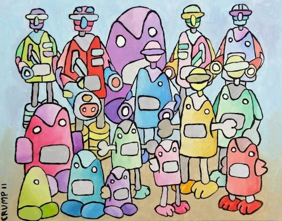 A wide oil painting of fifteen cartoon robot and creature figures with visor faces standing in rows for a group photo, in pastel colours with black outlines, signed CRUMP 11.