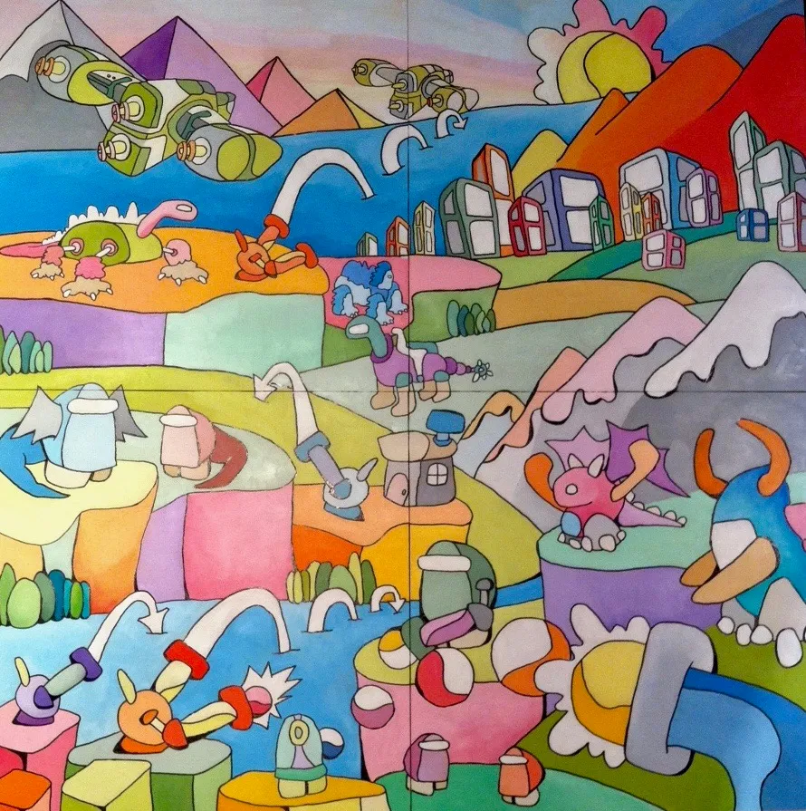 A square oil painting of a pastel valley with striped mountains, a blocky city, airships, and round headed creatures on stepped ground.