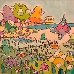 A small square pastel painting of rounded hills and blob creatures by a blue river, with a flying pod and rows of tiny figures.