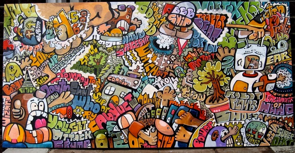 A long wide panel crammed with cartoon faces, bubble letters, trees, a tooth, a robot and a bear, in flat colour on wood.