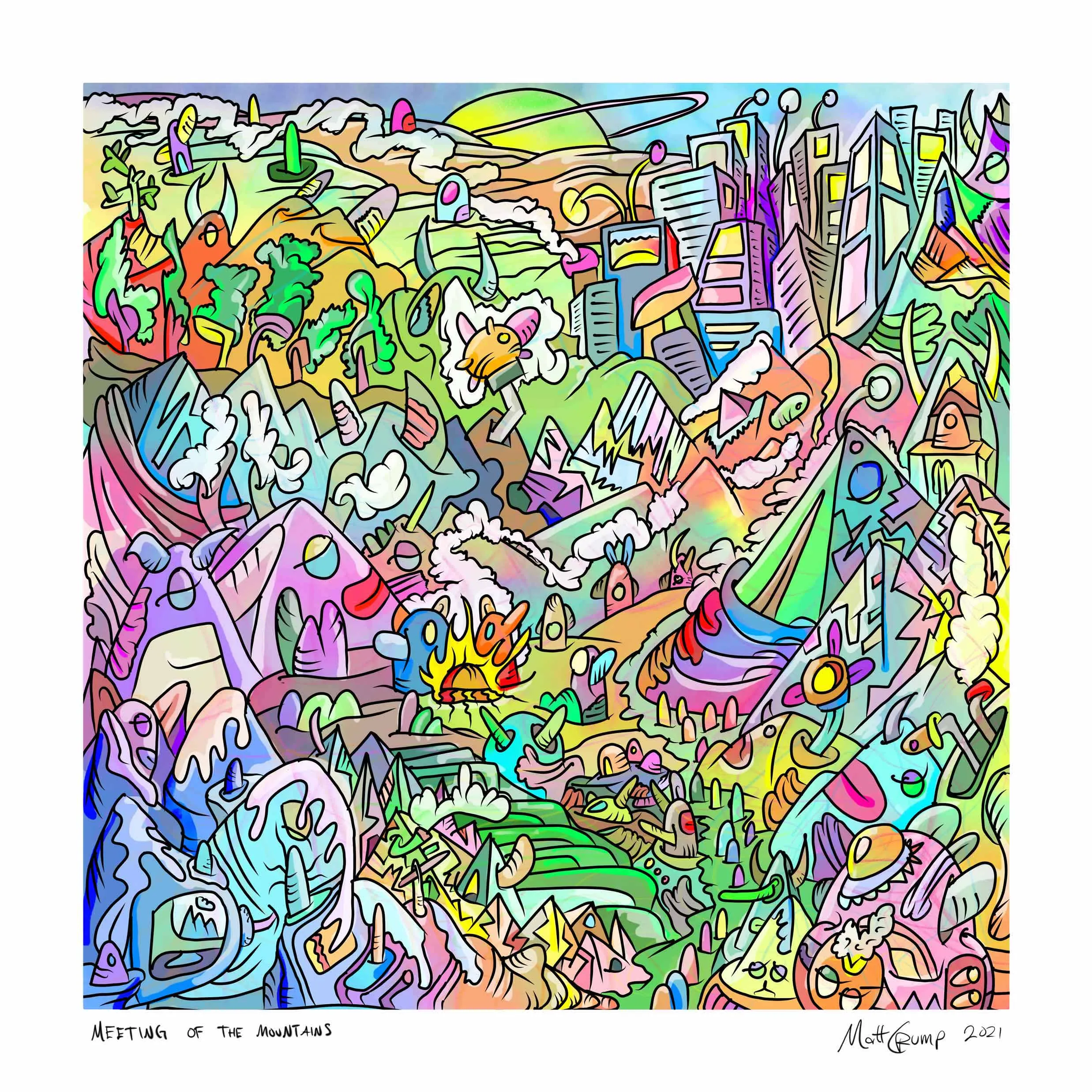 A dense cartoon landscape of candy coloured mountains, creatures, clouds and skyscrapers drawn with thick black outlines, signed Matt Crump 2021.