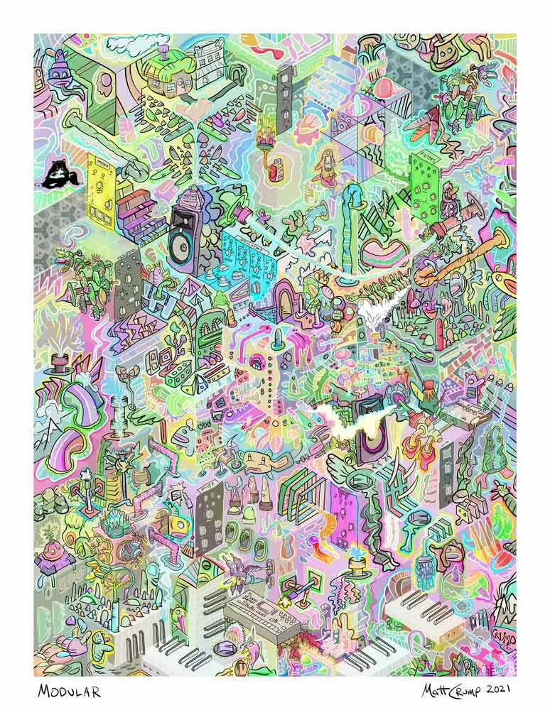 A tall, extremely dense pastel drawing of an isometric city of synthesizer modules, cables, keyboards and tiny creatures, signed 2021.