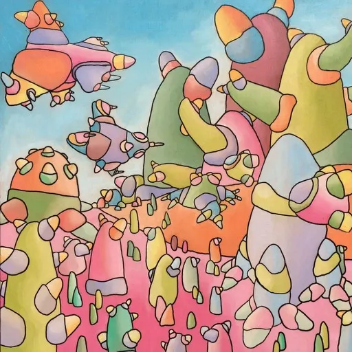 A square pastel painting of knobbly pink, green and orange tower creatures and flying pods against a blue sky, over a pink plain of small figures.
