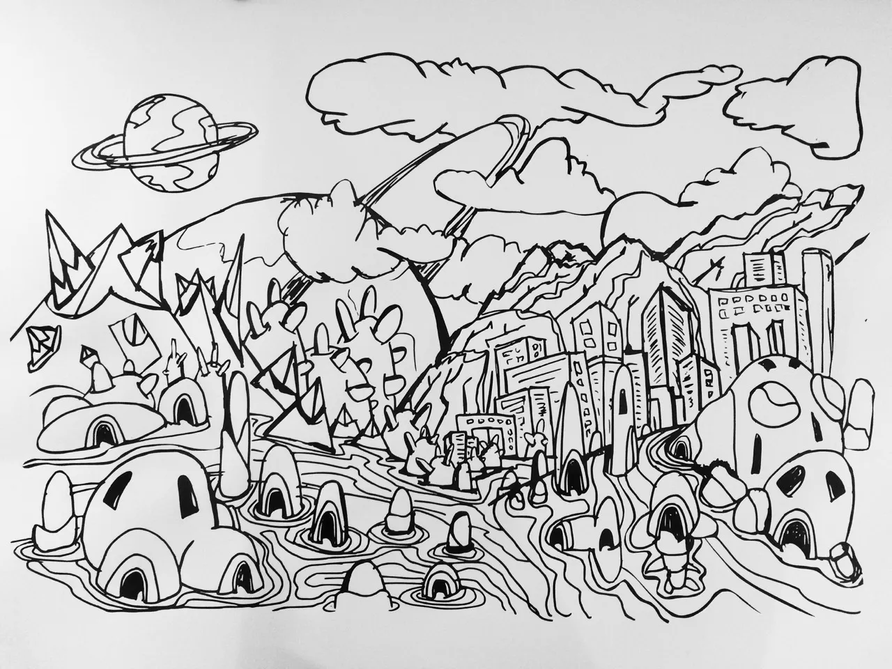 A black ink line drawing of a valley of domed huts, rabbit eared creatures, a city of towers and crystal mountains under clouds and a ringed planet.