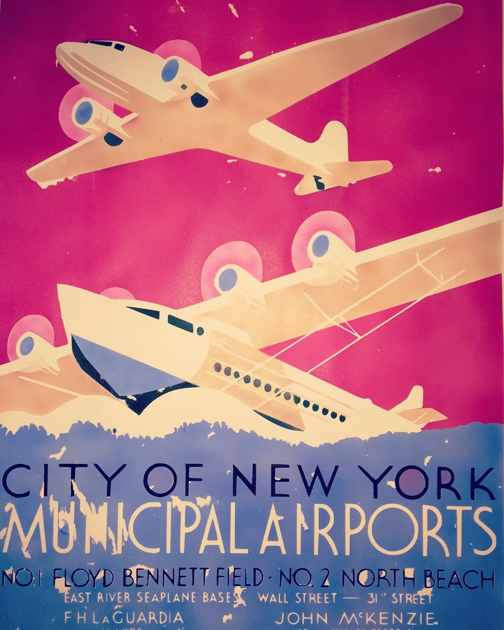 A screen print reproduction of a 1930s travel poster, with two cream aeroplanes over blue waves on a magenta sky and the text City of New York Municipal Airports.