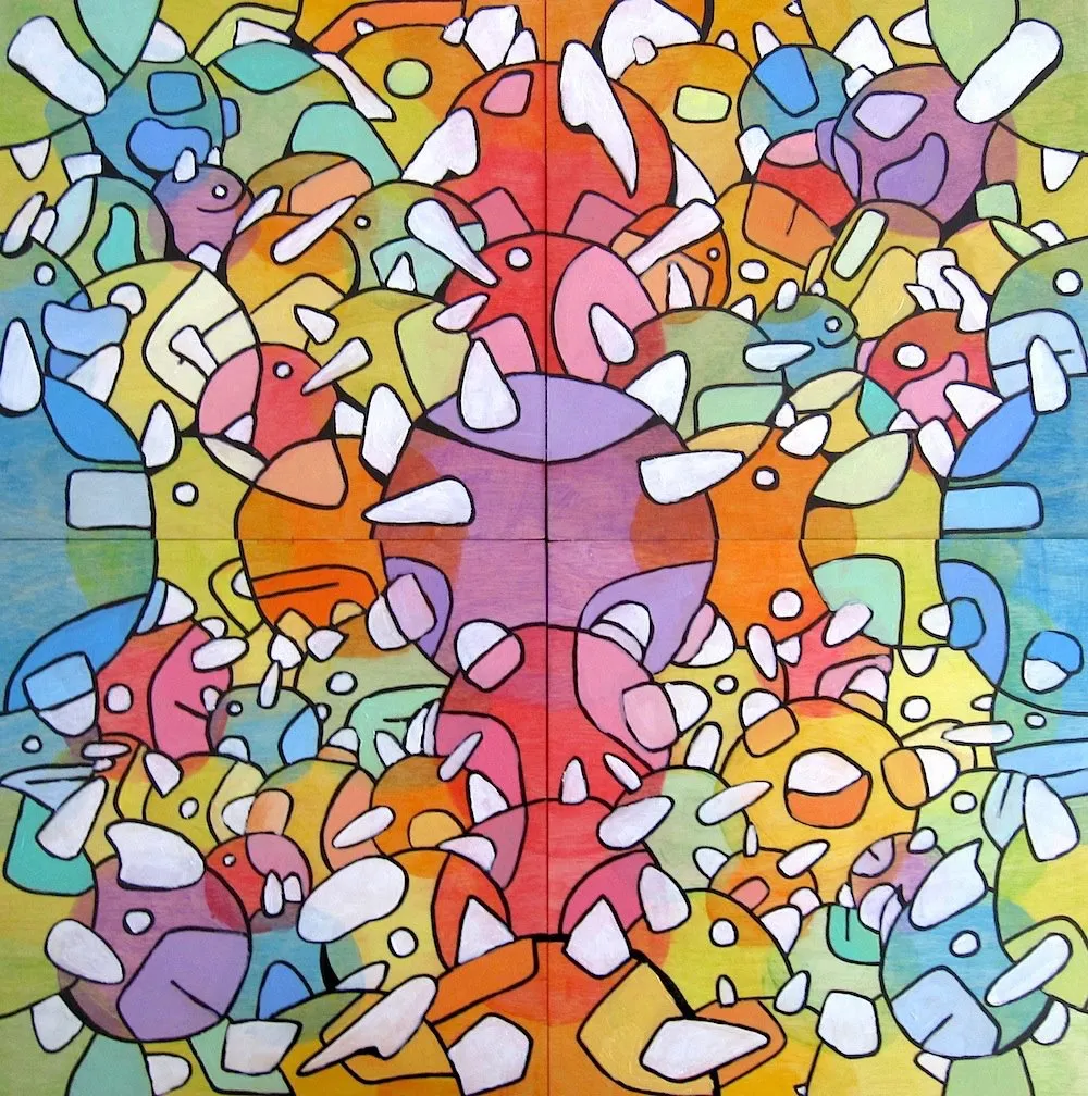 A square four panel painting of a mirrored crowd of round cartoon creatures with white horns and teeth, in rainbow washes with thick black outlines.
