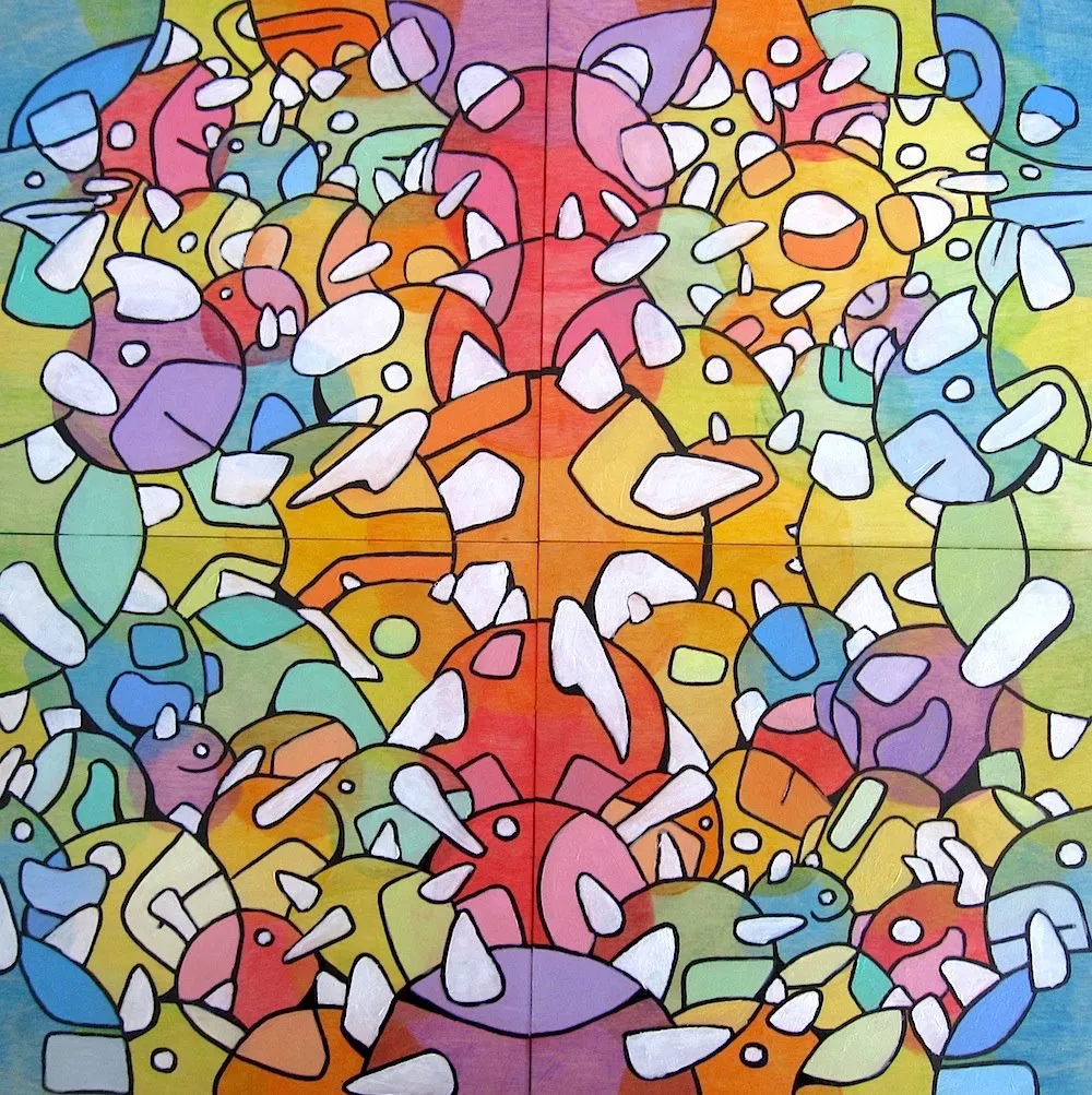 A square four panel painting of a mirrored crowd of round cartoon creatures with white horns, in orange, pink, teal and lilac washes with thick black outlines.