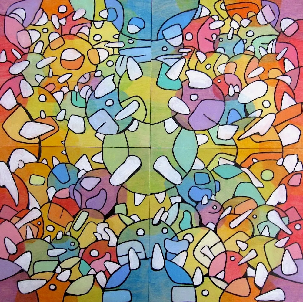 A square four panel painting of a mirrored crowd of round cartoon creatures with white horns, with a green and blue centre and warm edges, in translucent washes with black outlines.