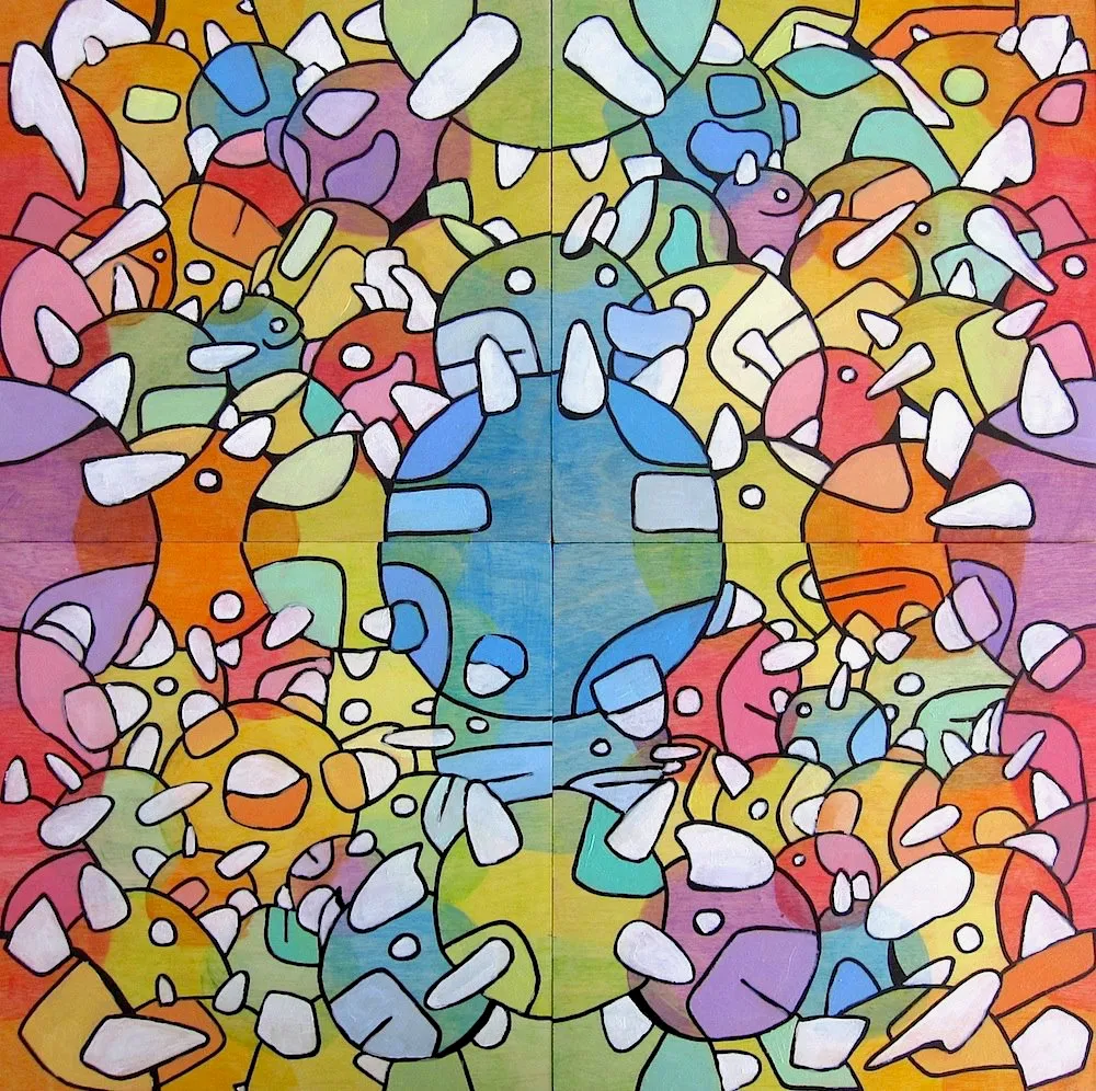 A square four panel painting of a mirrored crowd of cartoon creatures with a large blue two eyed creature at centre, in translucent rainbow washes with black outlines.