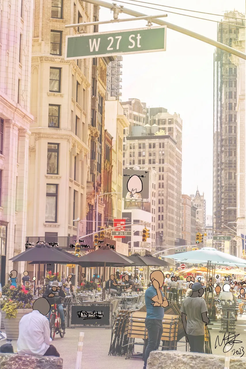 A bleached photograph of West 27th Street in Manhattan with cafe umbrellas and tall buildings, where the people have blank cartoon faces drawn over them and black scribbles cover the signs, signed 2023.