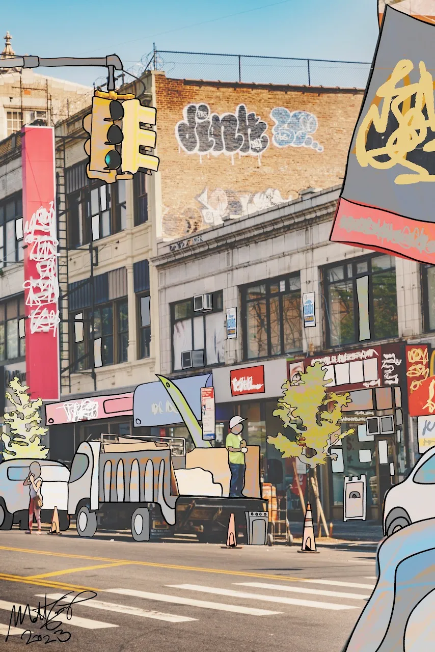 A photograph of a Flatbush street with a graffiti covered brick wall, where a dump truck, a worker, traffic lights, trees and shop signs have been redrawn as flat cartoon shapes, signed 2023.