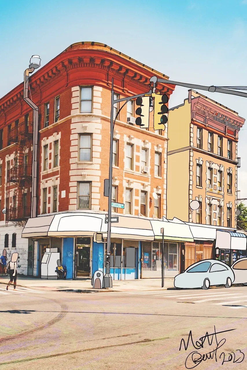 A photograph of a red brick corner building with a deli on Cortelyou Road in Brooklyn, with the awnings, lamp post, traffic light, a car and a figure outlined as flat cartoon shapes under a bright blue sky, signed 2023.