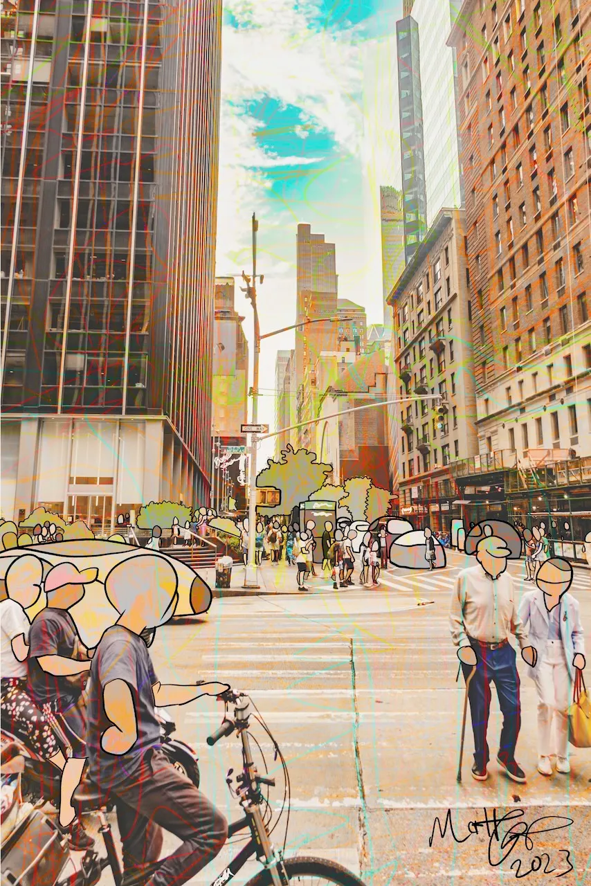 A photograph of a midtown Manhattan street near Central Park overlaid with a tangle of thin rainbow scribble lines, where pedestrians and a pedicab rider have blank cartoon faces, signed 2023.