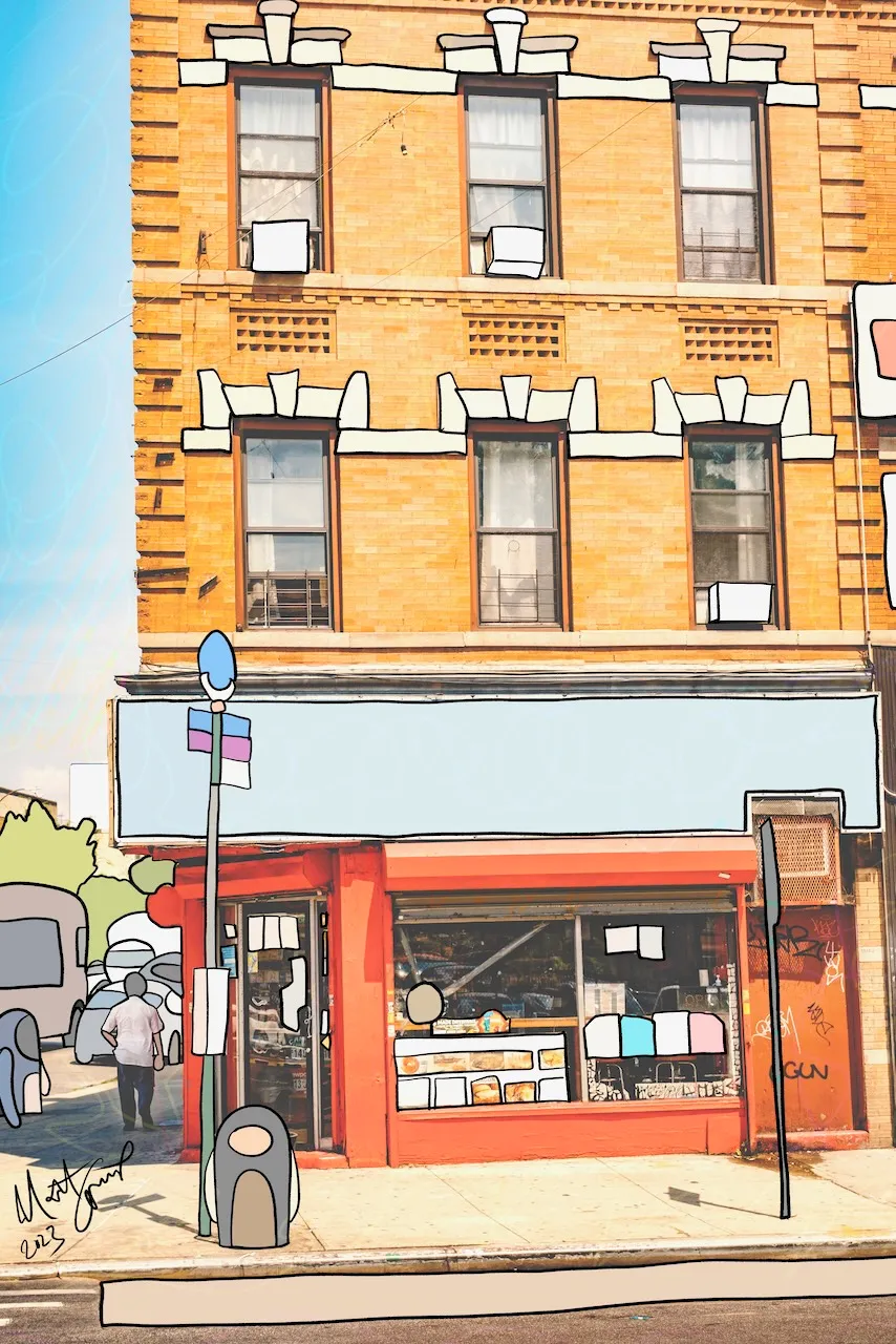 A photograph of an orange brick Brooklyn building with a red deli at street level, where the awning is blanked to pale blue, the window lintels and air conditioners are outlined in cream, and a grey hooded creature stands by a lamp post, signed 2023.
