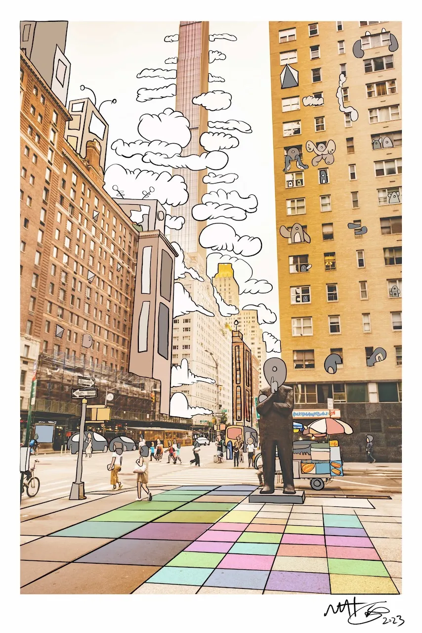 A photograph of a midtown Manhattan avenue with cartoon clouds drawn down the sky, creatures peeking from a yellow brick tower's windows, a rainbow checkered pavement, and a bronze statue given a cartoon head, signed 2023.