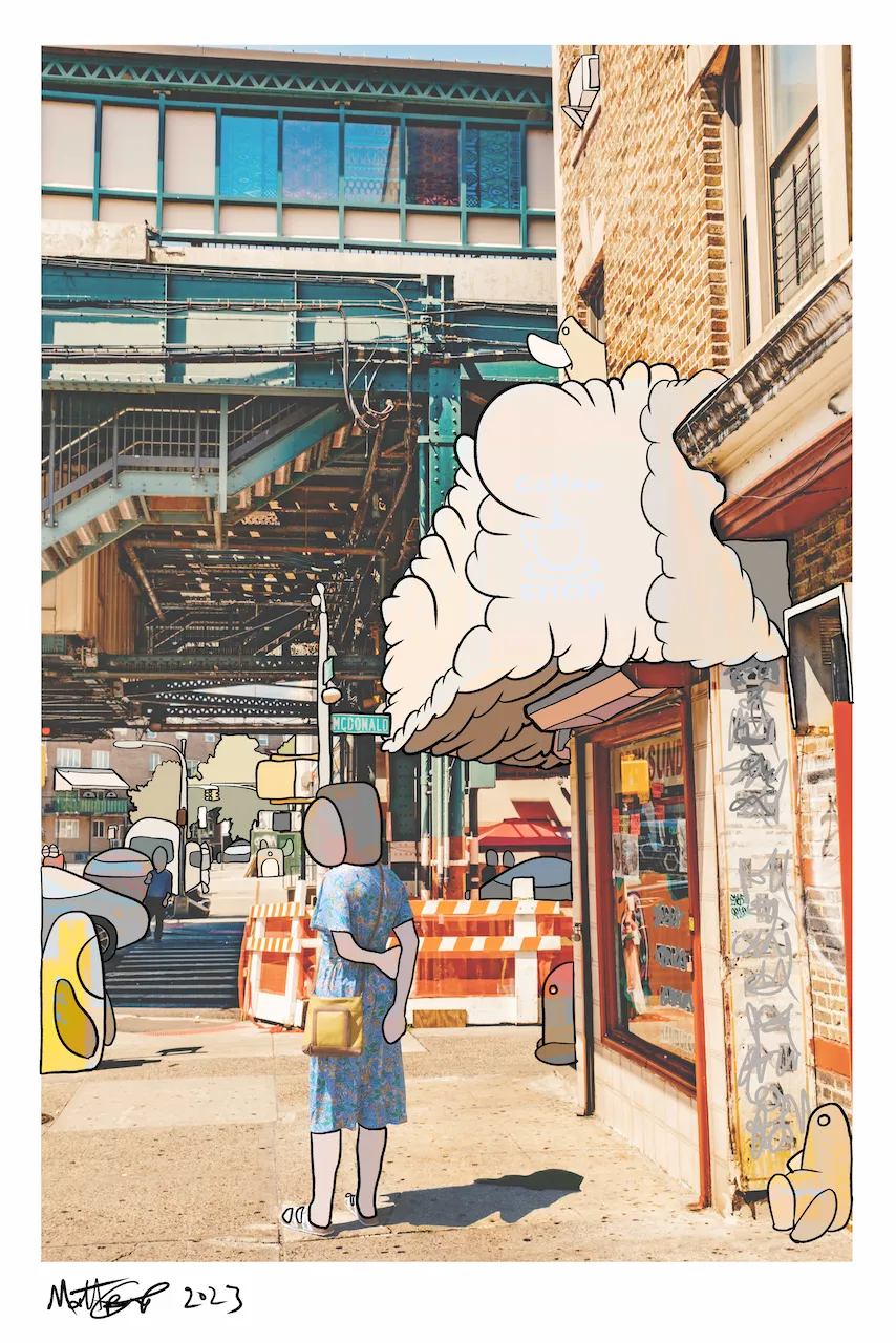 A photograph beneath the elevated F train in Brooklyn, with a faceless woman in a blue floral dress, a giant cartoon cloud with a coffee shop sign bursting from a storefront, and small creatures on the corner, signed 2023.