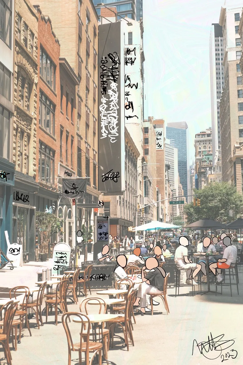 A bleached photograph of a Manhattan street with bentwood cafe chairs, faceless diners at tables, and a tall dark billboard covered in white scribbled graffiti, signed 2023.