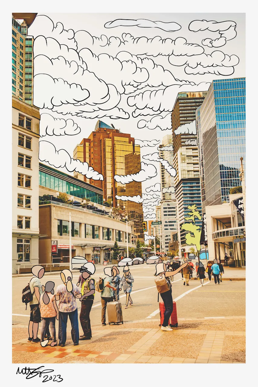 A photograph of downtown Vancouver with a sky filled by outlined cartoon clouds, a group of faceless travellers with suitcases in the foreground, and a yellow green cartoon tree, signed 2023.