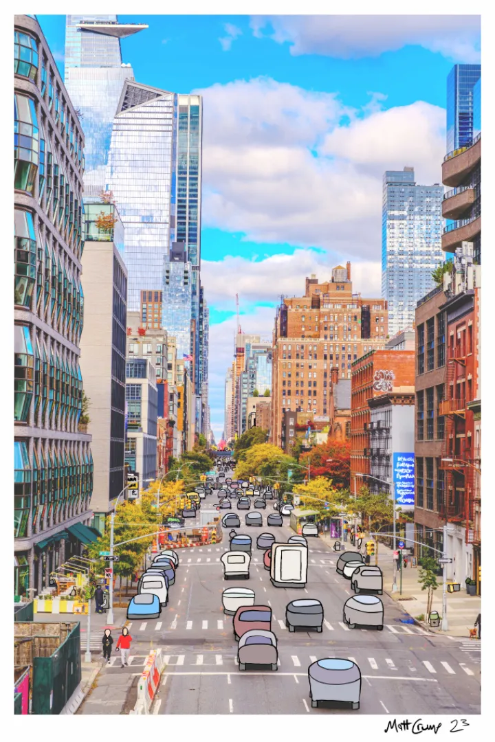 A photograph looking down a Manhattan avenue from the High Line toward Hudson Yards, with the traffic redrawn as soft white, grey and blue cartoon cars, two faceless pedestrians at a crossing, and a bright blue sky with real clouds, signed 23.