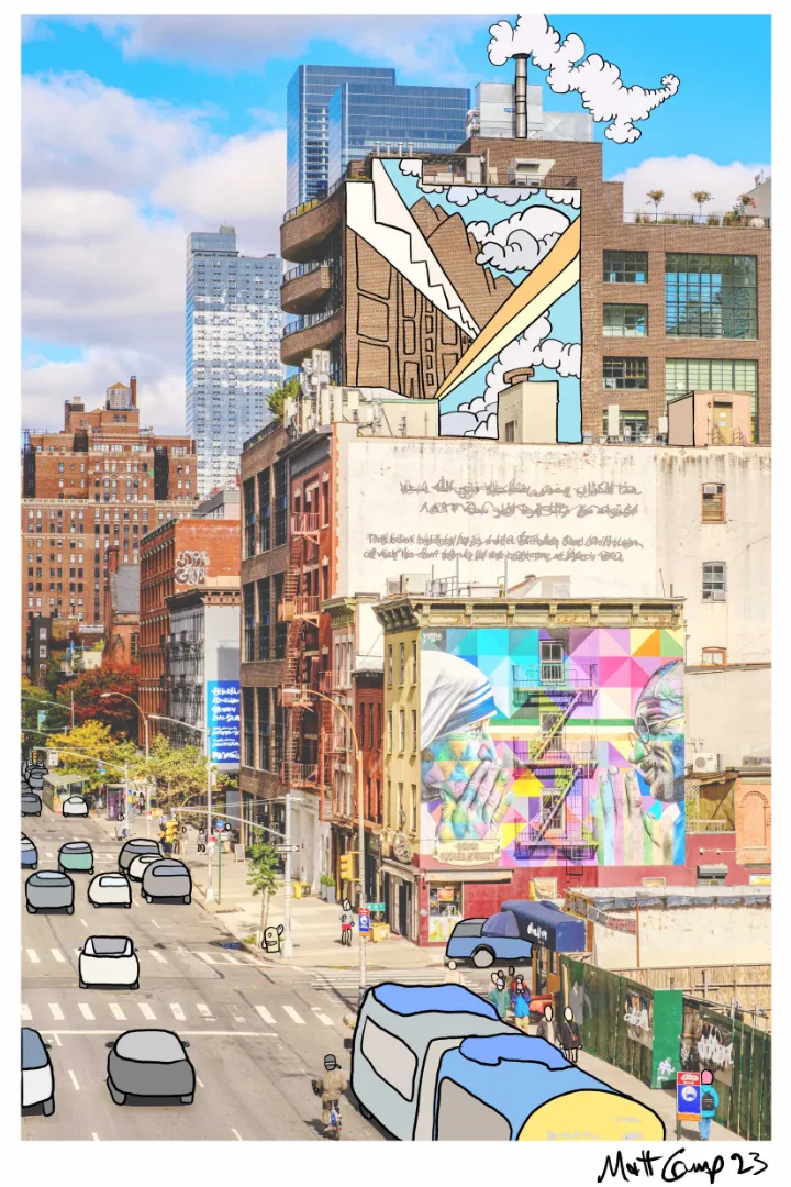 A photograph from the High Line of a Chelsea street with a colourful mural of Mother Teresa and Gandhi, where a rooftop has a cartoon mountain drawn on it, buses and cars are redrawn as cartoons, and scribbled text covers a wall, signed 23.