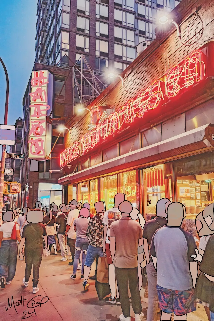 A night photograph of the neon sign at Katz's Delicatessen on Ludlow Street, with the lettering replaced by scribbled pink neon squiggles and a queue of people with blank cartoon heads along the sidewalk, signed 24.