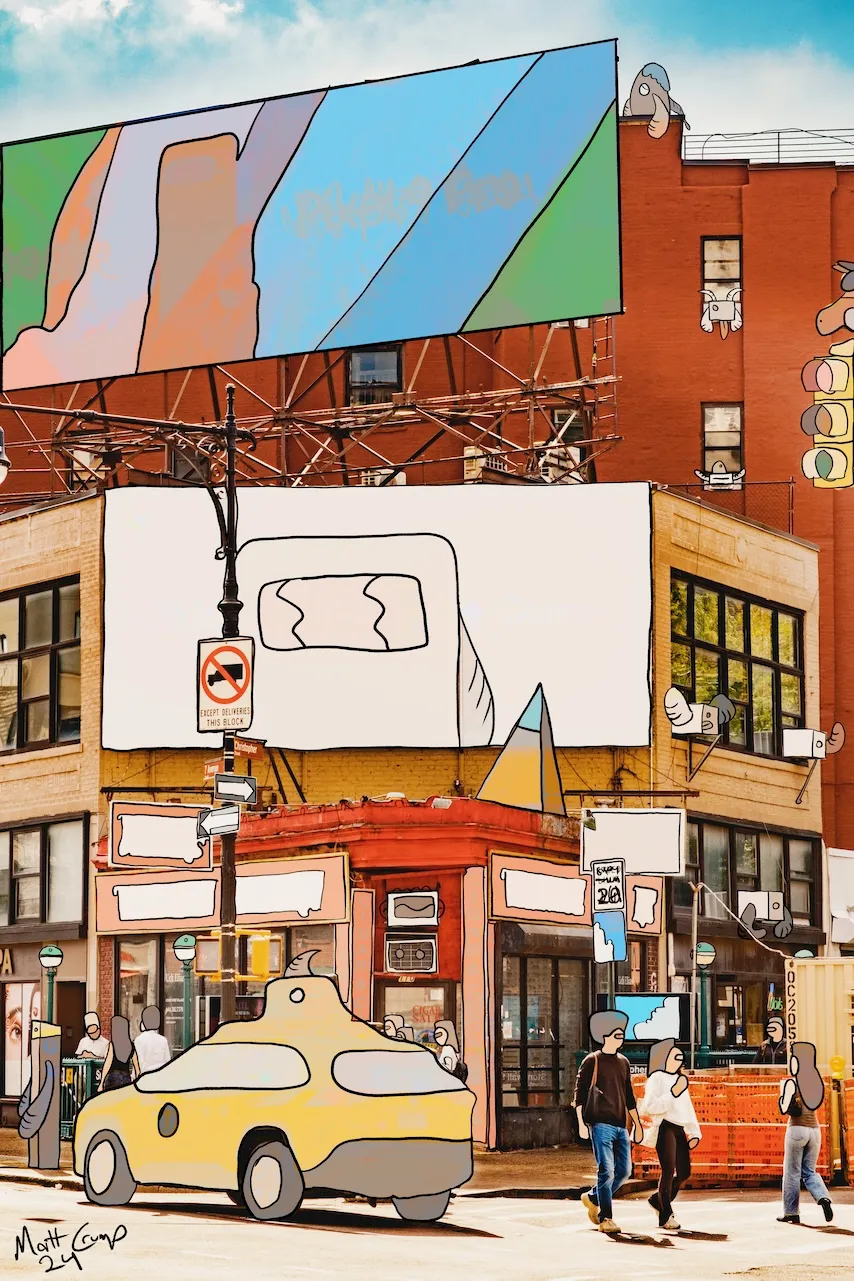 A photograph of a Greenwich Village corner shop beneath a billboard, where the billboard has been repainted as a cartoon of a hand, a second billboard shows a cartoon suitcase, a yellow cab is redrawn as a cartoon, and small creatures perch on the building, signed 24.