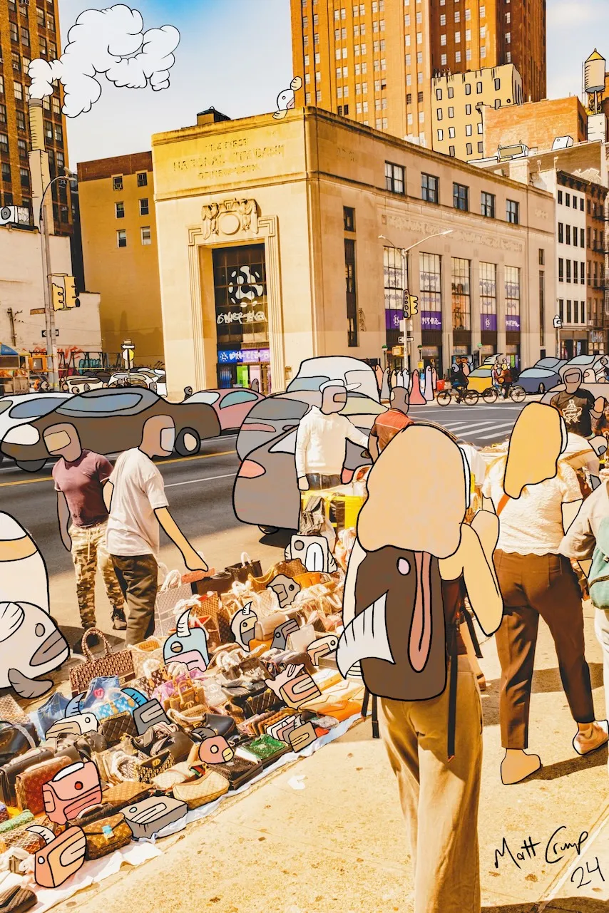 A photograph of a Canal Street sidewalk handbag market where the shoppers have cartoon heads, the handbags have grown horns and eyes, the cars are soft cartoon shapes, and a smoke plume rises behind a stone bank building, signed 24.