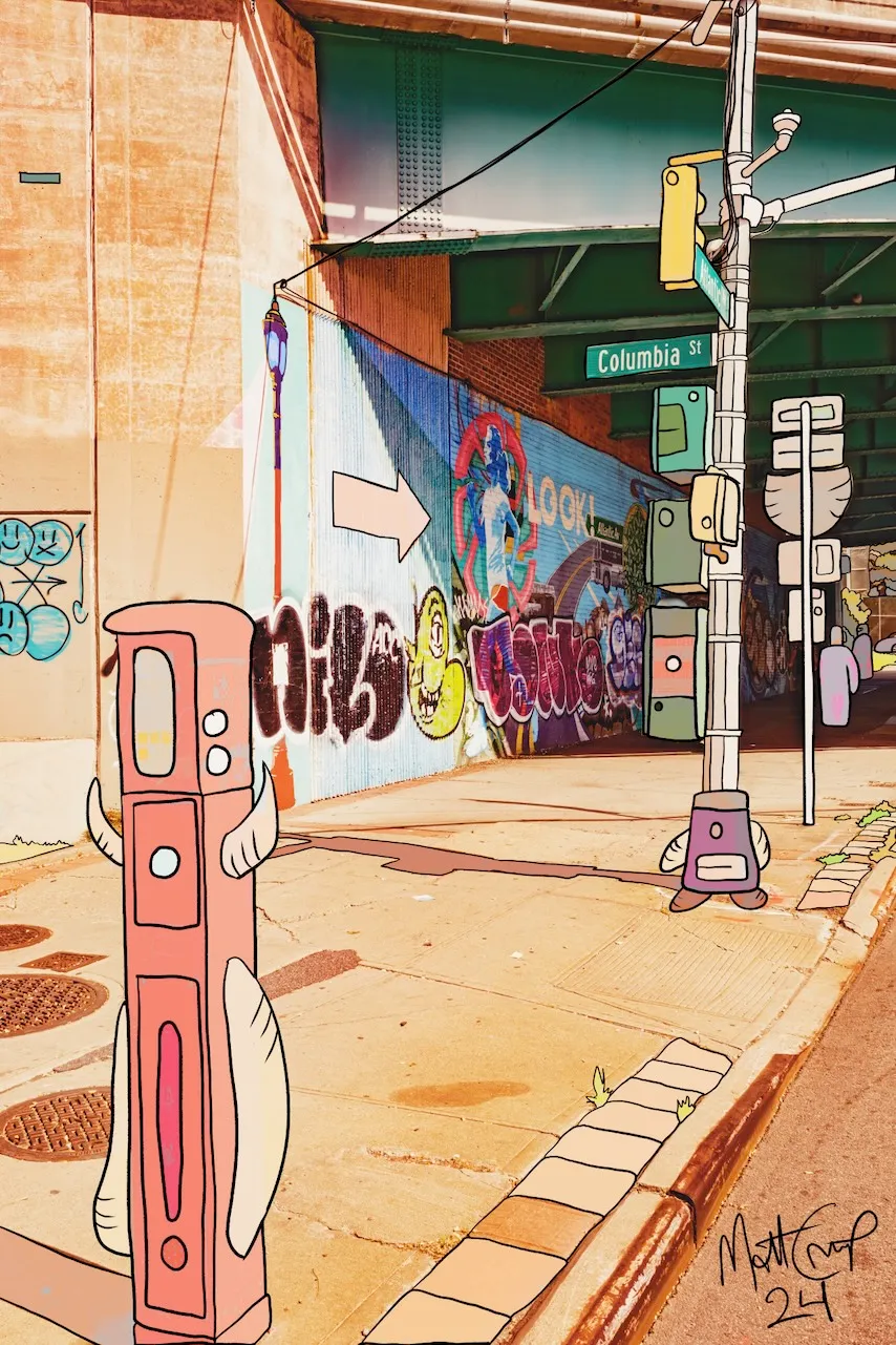A photograph beneath the BQE overpass at Columbia Street with a graffiti mural, where a tall pink signal box has grown horns and a tail, a traffic pole wears a purple creature's body, and the sidewalk is bleached tan, signed 24.