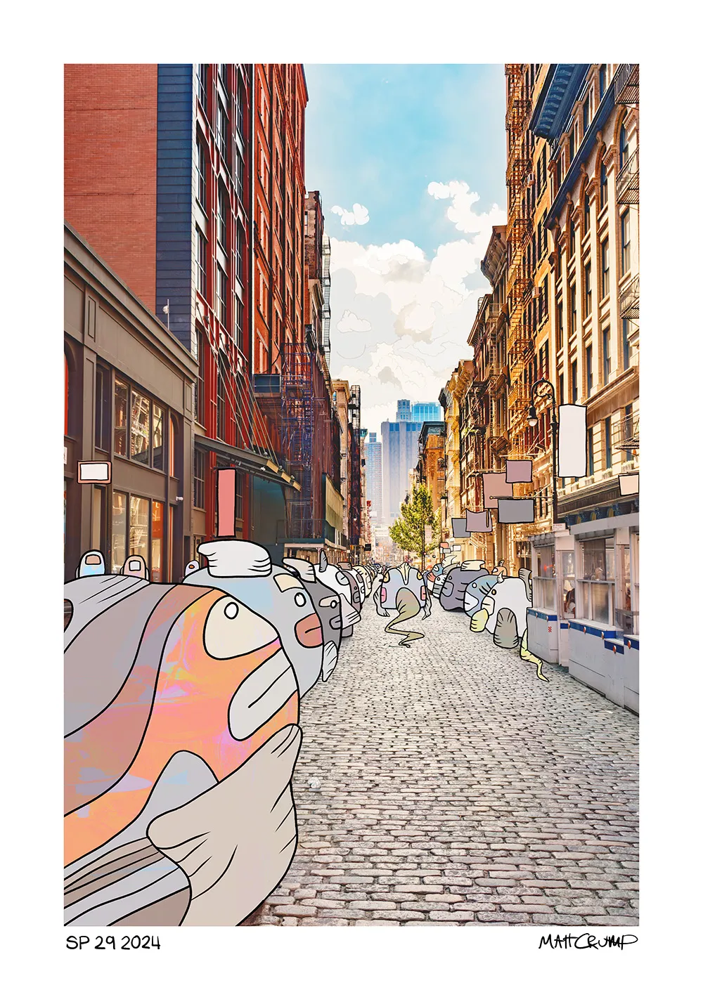 A photograph of a cobblestone SoHo street with cast iron buildings, where the parked cars have become a row of fish like creatures with fins and eyes, one in iridescent pink and orange in the foreground, labelled SP 29 2024.