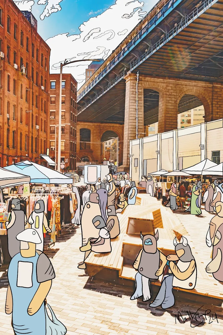 A photograph of the DUMBO flea market under the Manhattan Bridge arches, where every shopper has become a hooded pod creature with horns or ears, sitting on wooden steps and browsing clothing racks, signed 24.