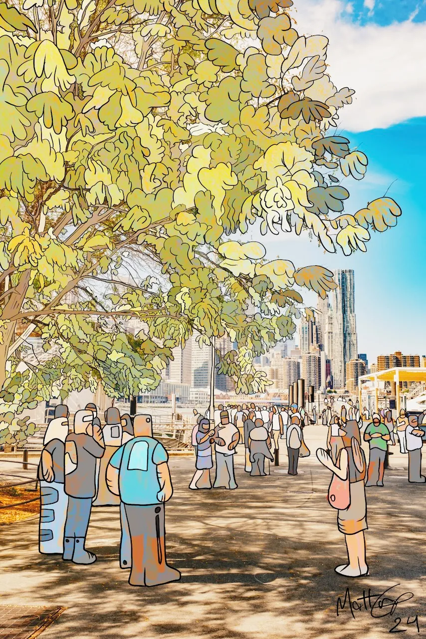 A photograph of Brooklyn Bridge Park with a large tree whose leaves are redrawn as flat yellow green lobes, the Manhattan skyline behind, and a crowd of people with cartoon outlined bodies and blank faces on the pier, signed 24.